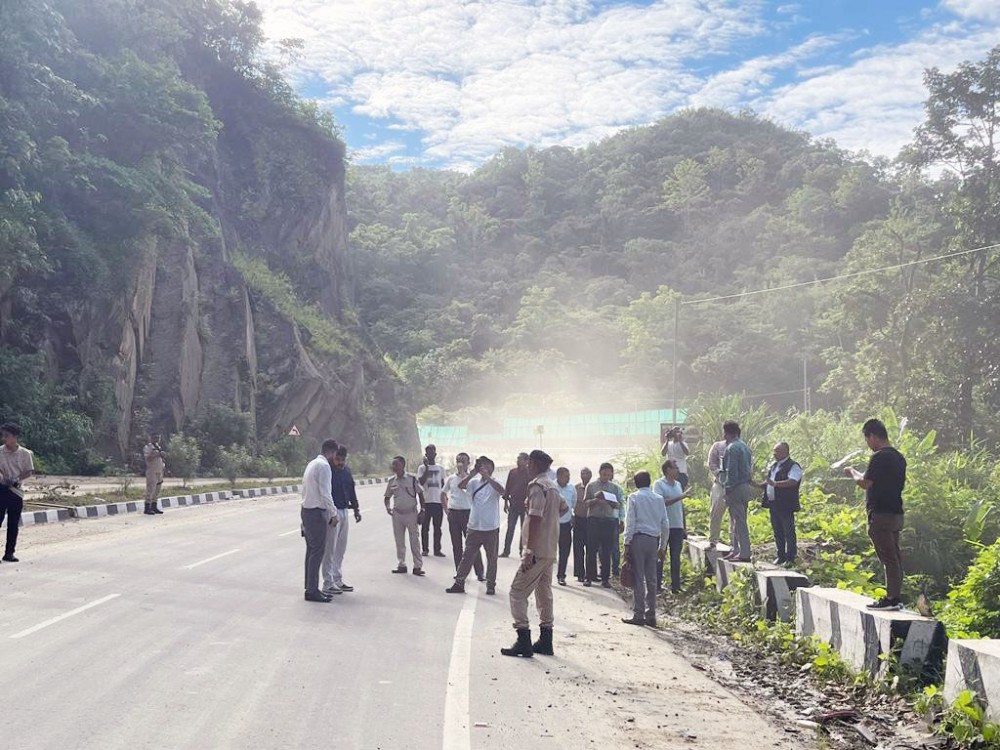 The NHIDCL technical team at the site where the July 4 incident took place on the Chümoukedima stretch of the NH 29 on July 6 (Morung Photo).